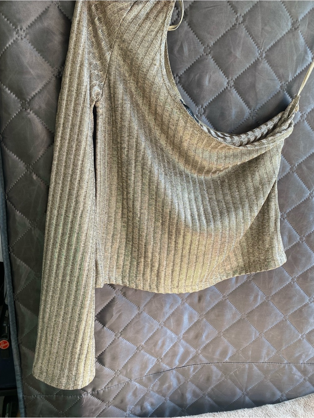One Shoulder Metallic Ribbed Knit Crop Top Gold S